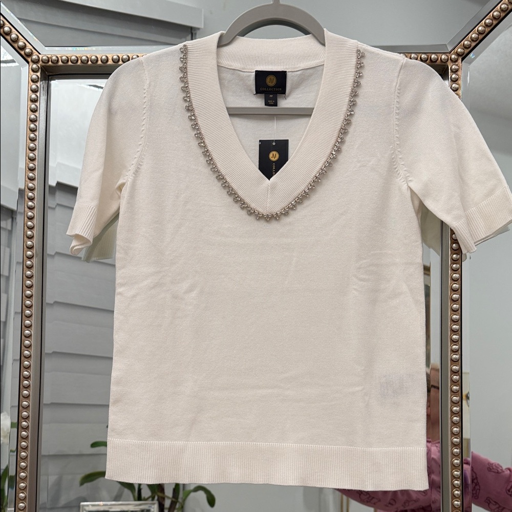 Tea Collection Ivory Short Sleeve Top with Embellished Neckline